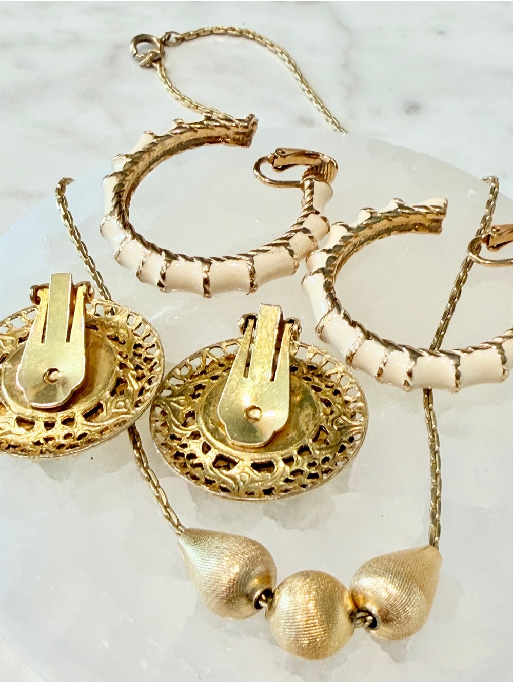 Gold and White Filigree Hoop Earrings and Pendant Necklace Trio - Picture 4 of 4